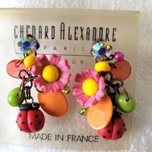 VINTAGE CHENARD ALEXANDRE GARDEN INSPIRED DANGLE EARRINGS W/LADYBUG!! ADORABLE!!
